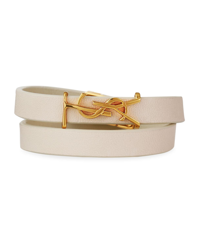 Shop Saint Laurent Leather Double-wrap Ysl Bracelet In Cream/gold