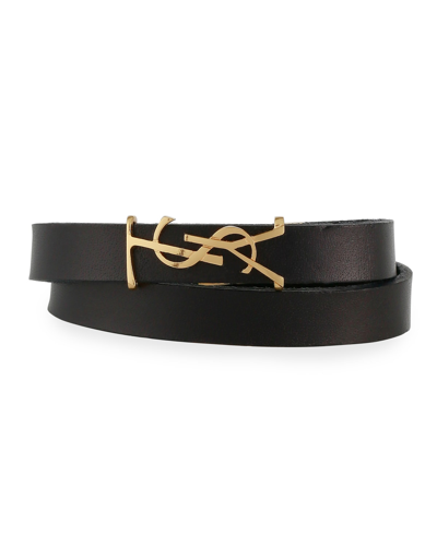 Shop Saint Laurent Leather Double-wrap Ysl Bracelet In Black/gold