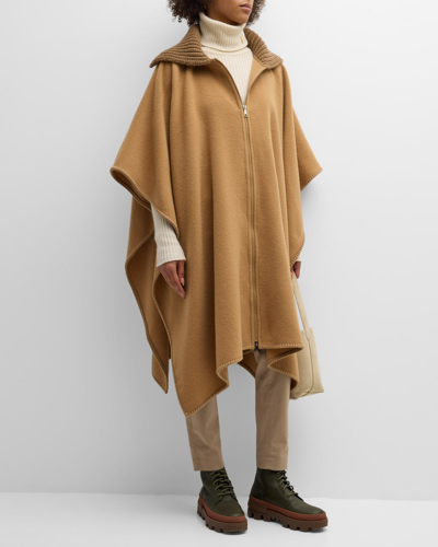 Shop Moncler Wool Long Cape With Knit Collar In Sand
