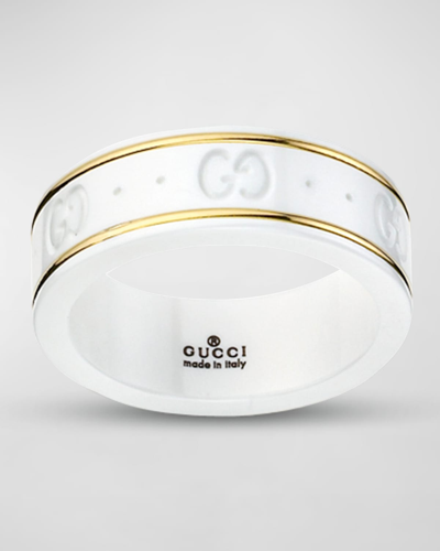 Shop Gucci Icon Thin Band Ring In Yellow Gold / Whi