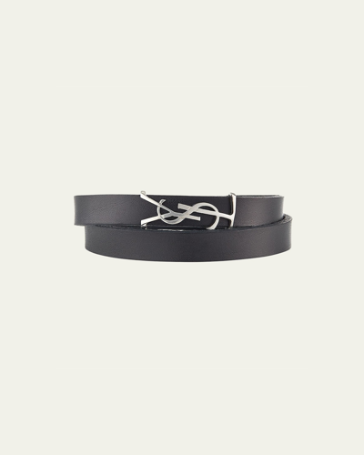 Shop Saint Laurent Leather Double-wrap Ysl Bracelet In Black/silver