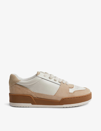 Shop Reiss Women's Taupe Frankie Perforated Low-top Leather And Suede Trainers