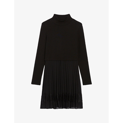 Shop Claudie Pierlot Women's Noir / Gris Teli Long-sleeve Pleated-skirt Cotton-blend Mini Dress