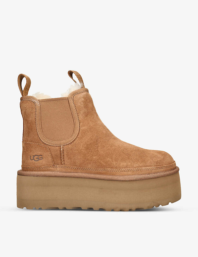 Ugg Womens Tan Neumel Platform Chelsea Logo-patch Suede Ankle Boots In Tan