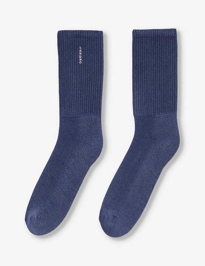 Shop Sandro Men's Bleus Logo-embroidered Ribbed Stretch-cotton Ankle Socks