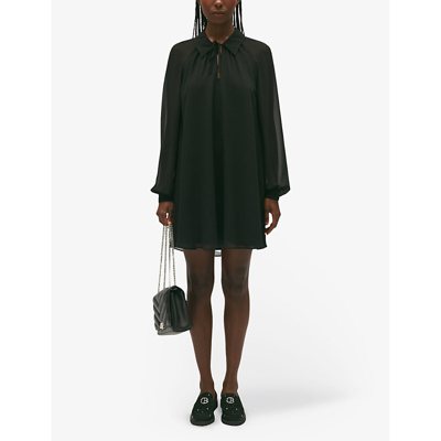 Shop Claudie Pierlot Women's Noir / Gris Resty Tie-collar Sheer-sleeve Woven Mini Dress