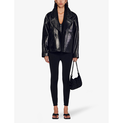 Shop Sandro Women's Noir / Gris Clem Relaxed-fit Leather Jacket