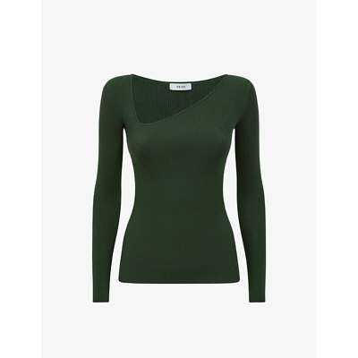 Shop Reiss Women's Green Sasha Asymmetric-neck Stretch-knit Top