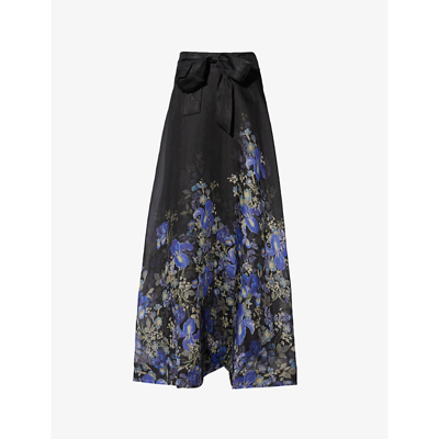 Shop Zimmermann Women's Blue Iris Black Lyrical Floral-print Linen And Silk-blend Maxi Skirt