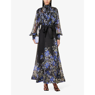 Shop Zimmermann Women's Blue Iris Black Lyrical Floral-print Linen And Silk-blend Maxi Skirt