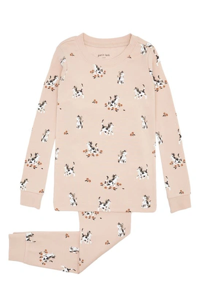 Shop Petit Lem Kids' Kitten Fitted Organic Cotton Two-piece Pajamas In Light Pink