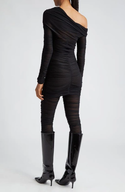 Shop Knwls Off The Shoulder Long Sleeve Ruched Mesh Minidress In Black