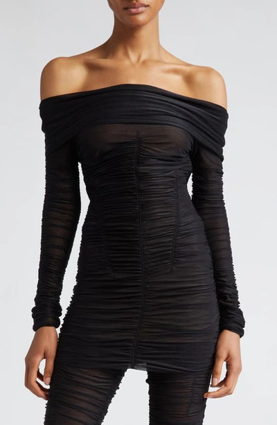 Shop Knwls Off The Shoulder Long Sleeve Ruched Mesh Minidress In Black