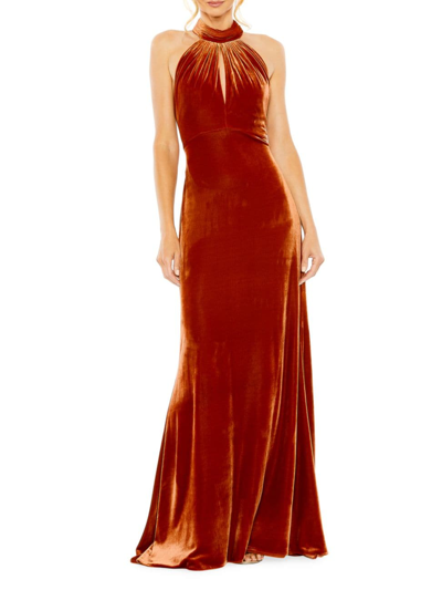 Shop Mac Duggal Women's Velvet Halterneck Column Gown In Spice