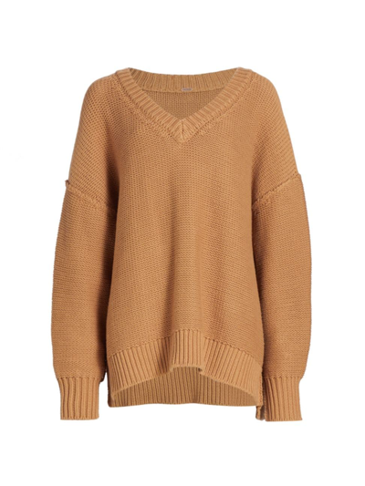 Shop Free People Women's Alli Cotton-blend Oversized V-neck Sweater In Camel