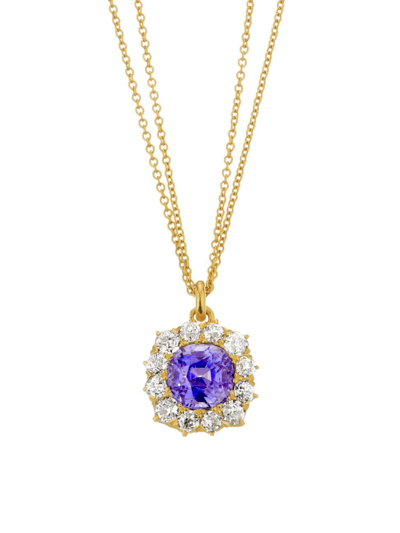 Shop Renee Lewis Women's 18k Yellow Gold, Ceylon Sapphire & 2 Tcw Diamond Halo Pendant Necklace