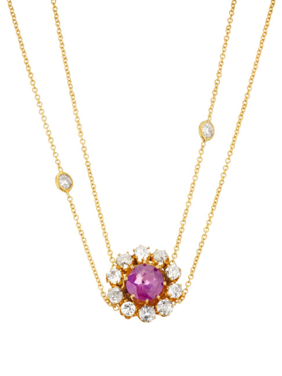 Shop Renee Lewis Women's 18k Yellow Gold, 1.25 Tcw Diamond & Pink Tourmaline Halo Pendant Necklace
