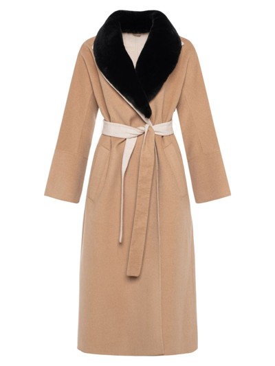 Shop Gorski Women's Wool Short Coat With Shearling Lamb Collar In Camel Beige