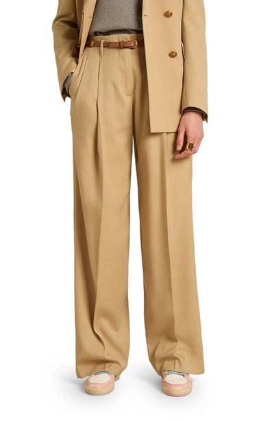 Shop Golden Goose Hollywood Waist Virgin Wool Gabardine Wide Leg Pants In Sand