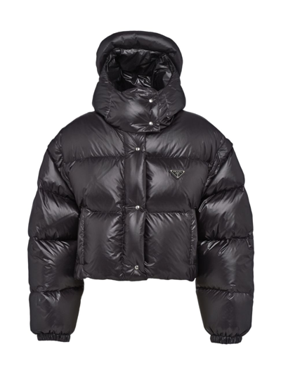 Shop Prada Women's Re-nylon Convertible Cropped Down Jacket In Black