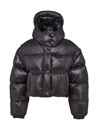 Prada Re-nylon Convertible Cropped Down Jacket In Black