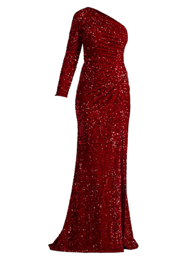 Shop Tadashi Shoji Women's Ruched Sequined One-sleeve Gown In Rouge