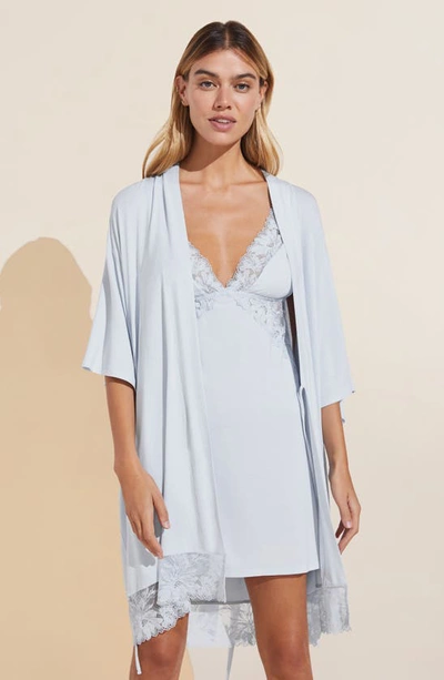 Shop Eberjey Rosalia Lace Trim Short Robe In Ice Blue