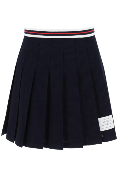 Shop Thom Browne Pleated Mini Skirt In Testurized Cotton Knit In Blue