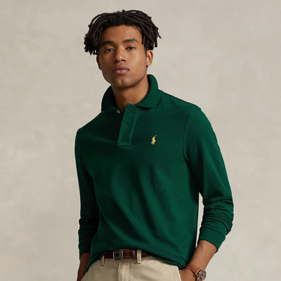 Classic Fit Mesh Long-sleeve Polo Shirt In Moss Agate