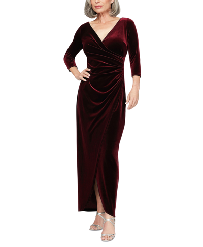 Shop Alex Evenings Petite Velvet Side-ruched 3/4-sleeve Gown In Wine