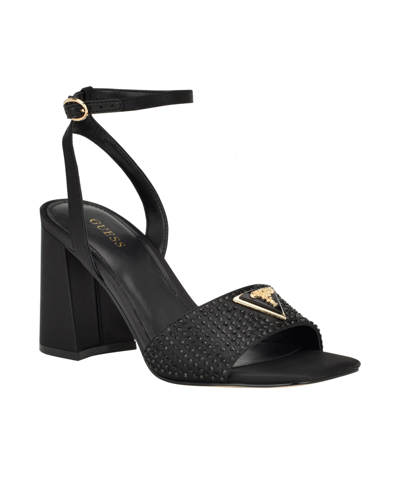 Shop Guess Women's Gelya Block Heel Ankle Strap Open Toe Dress Sandals In Black Satin