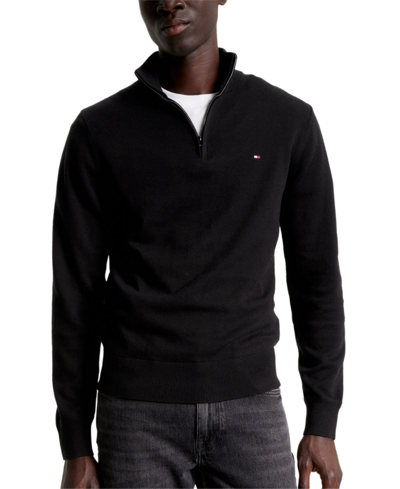 Shop Tommy Hilfiger Men's Essential Embroidered Logo 1/4-zip Mock Neck Sweater In Black