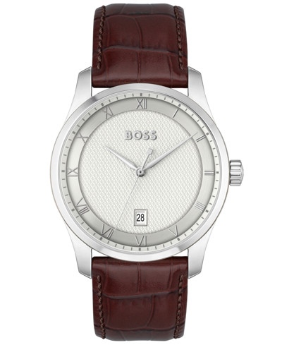 Shop Hugo Boss Men Principle Quartz Basic Calendar Brown Leather Watch 41mm