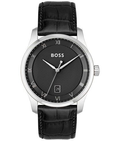 Shop Hugo Boss Men Principle Quartz Basic Calendar Black Leather Watch 41mm