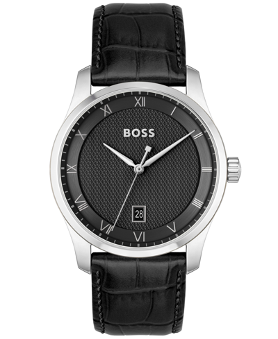 Hugo Boss Men Principle Quartz Basic Calendar Black Leather Watch 41mm In Black
