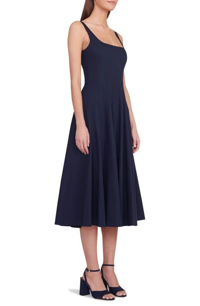 Shop Staud Wells Stretch Cotton Poplin Midi Fit & Flare Dress In Navy