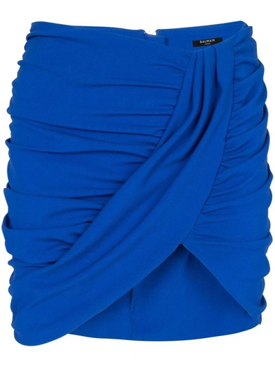 Shop Balmain Draped Jersey Mini Skirt In Blue