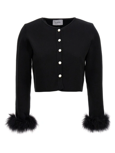 Shop Sleeper Cropped Feather Cardigan In Black