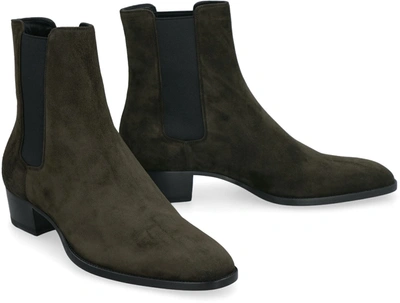 Shop Saint Laurent Wyatt Suede Chelsea Boots In Green