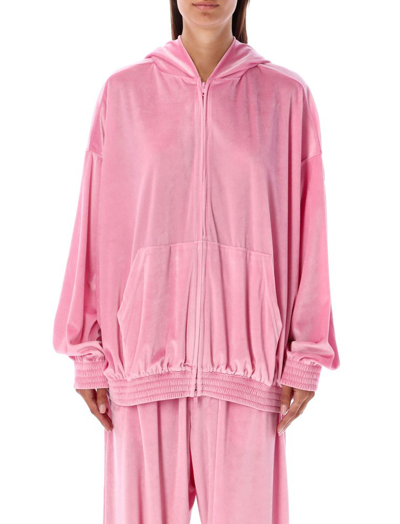 Shop Balenciaga Zipped Velvet Hoodie In Pink