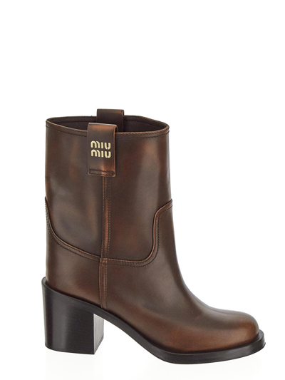 Shop Miu Miu Block Heel Booties In Brown