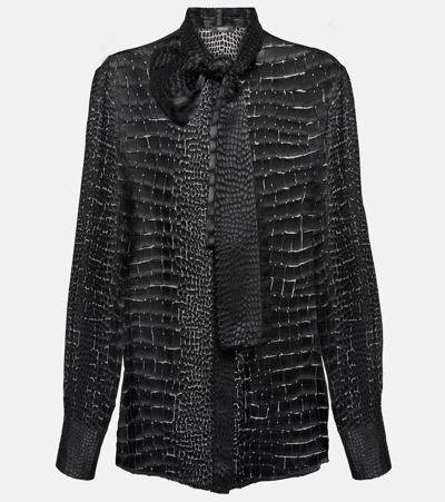Shop Versace Tie-neck Devoré Shirt In Black