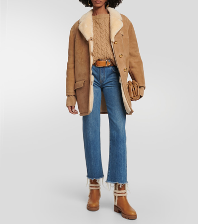 Christian Louboutin Cl Chelsea Shearling-trimmed Ankle Boots In Beige