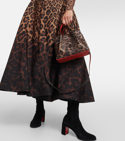 Christian Louboutin Cabarock Mini Spiked Leopard-print Textured-leather Tote In Brown