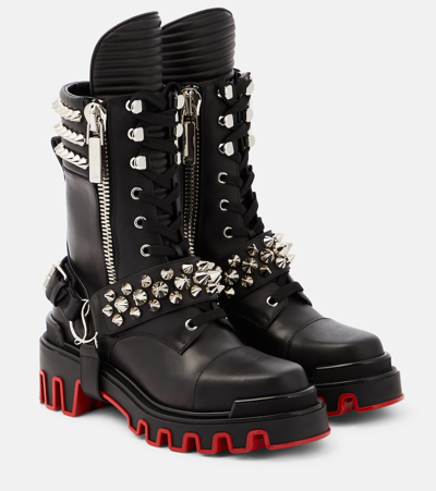 Christian Louboutin Janetta Red Sole Spike Leather Biker Boots in Black