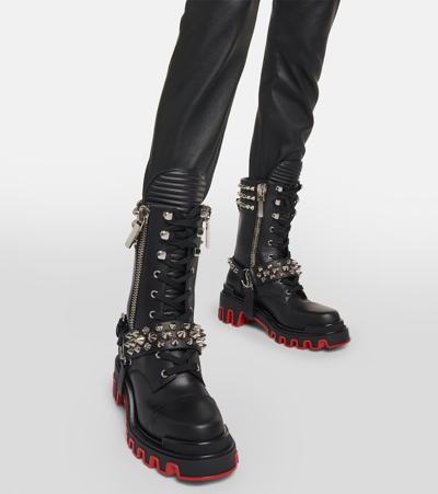 Christian Louboutin Janetta Red Sole Spike Leather Biker Boots In Black