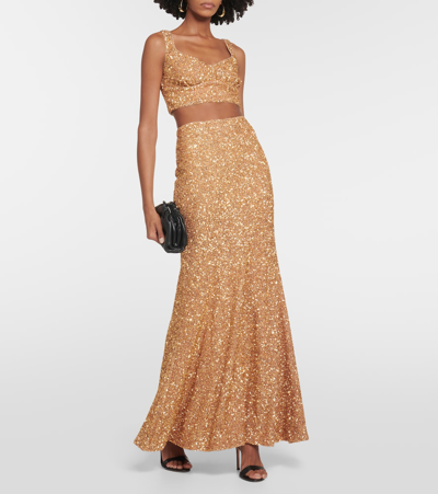 Shop Self-portrait Sequined Maxi Skirt In Gold