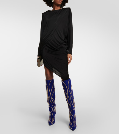 Christian Louboutin Astrilarge Botta Pika Red Sole Studded Suede Knee-high Boots In Blue