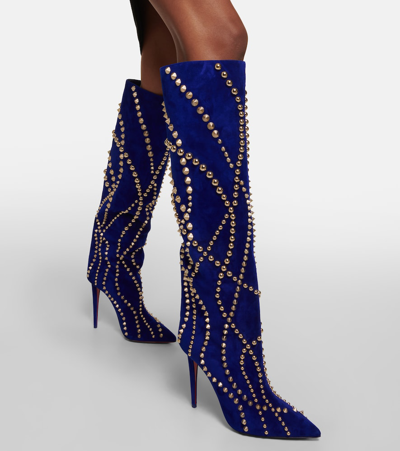 Christian Louboutin Astrilarge Botta Pika Red Sole Studded Suede Knee-high Boots In Blue