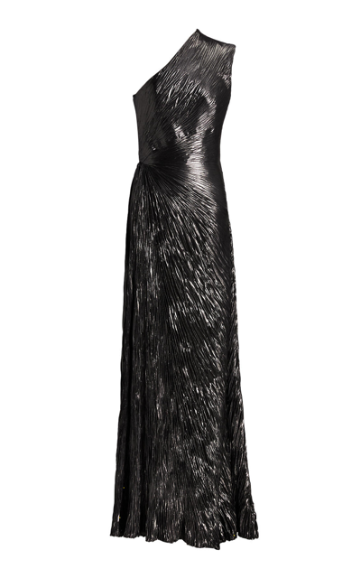 Shop Ralph Lauren Hadlea One-shoulder Plisse Metallic-silk Gown In Grey